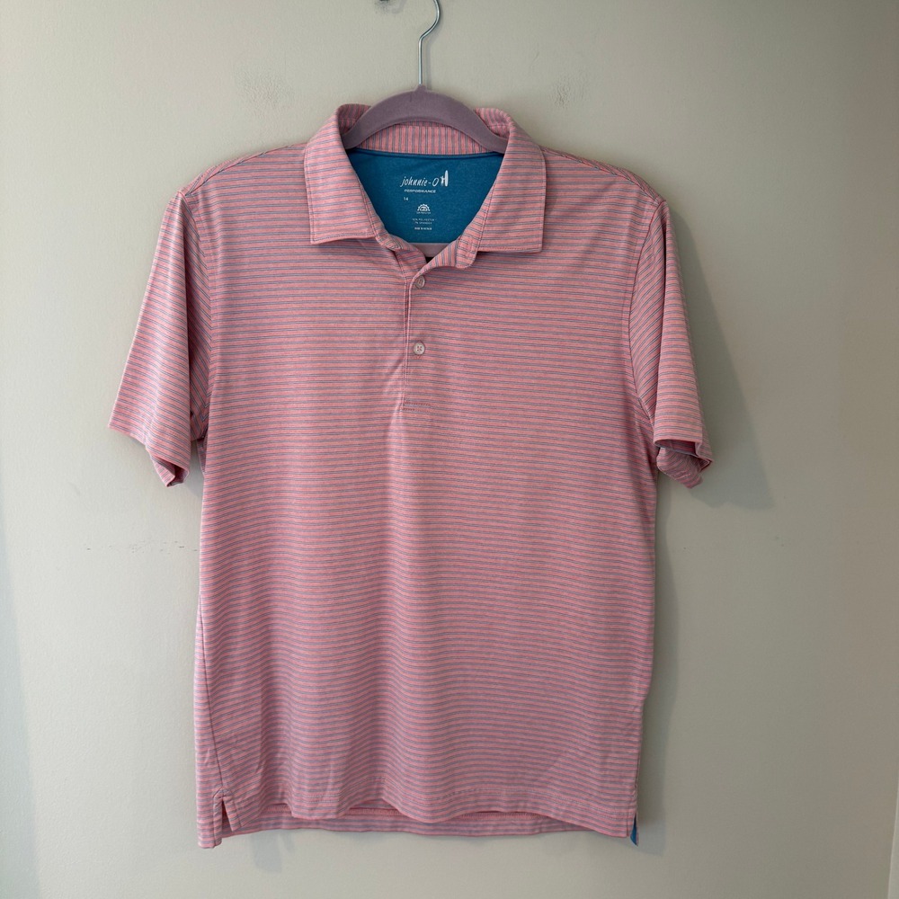 Johnnie-O Performance Boys 14 Polo Shirt Pink Blue Striped Short Sleeve UPF 50